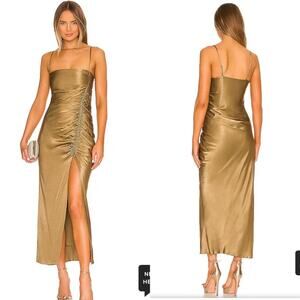 Shona Joy Thalia Bias Ruched Midi Dress in Cumin